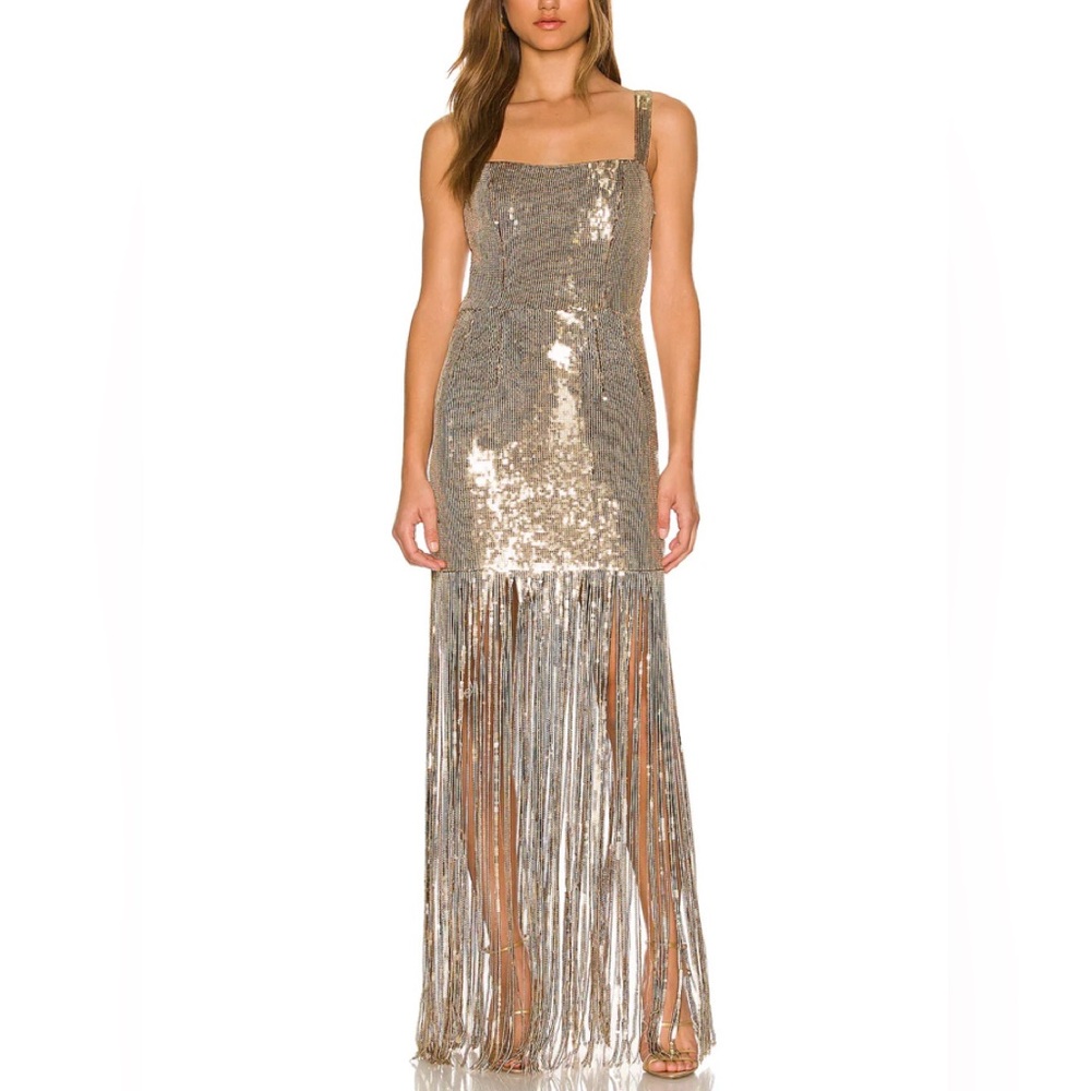 BRONX AND BANCO - CHERIE SEQUIN FRINGE-HEM MAXI DRESS - GOLD